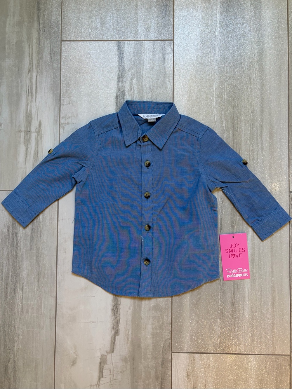 NWT RuggedButts Classic Blue Chambray Long Sleeve Button Down Shirt Boys 6-12M